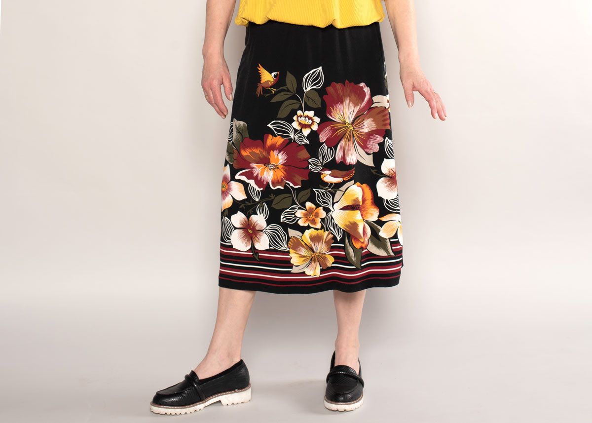 The eSkirt made with a floral border print jersey knit fabric. 