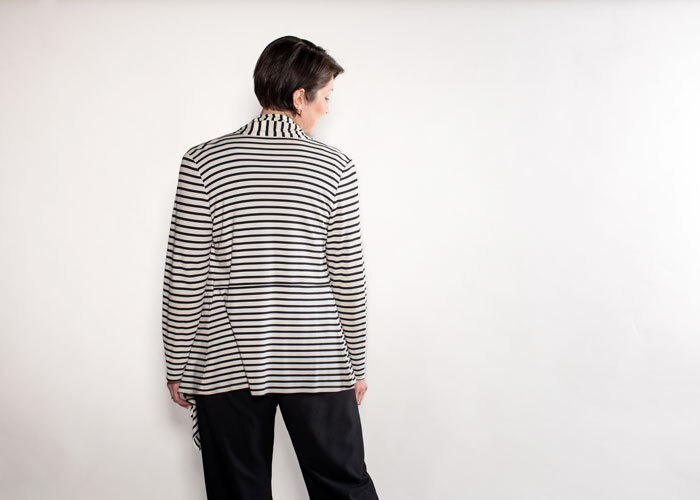 Ann's Cardigan in black and white striped knit and Tank in purple knit.