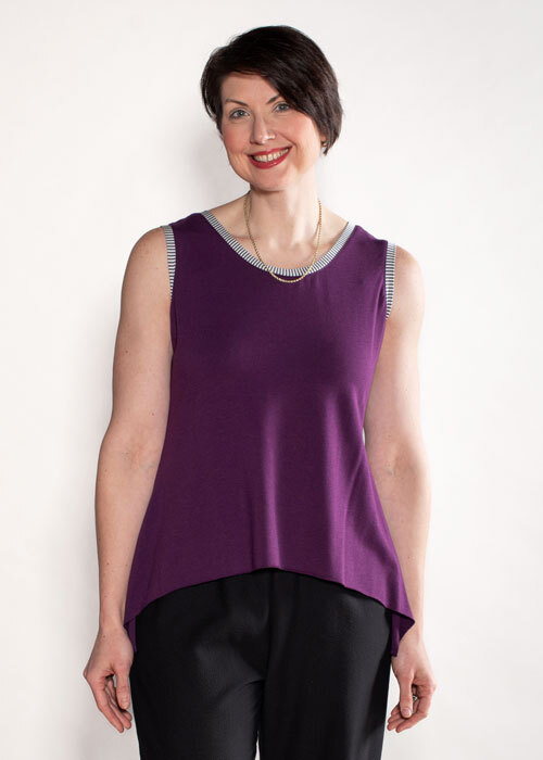 Ann's Tank in purple jersey knit with black and white striped knit binding.