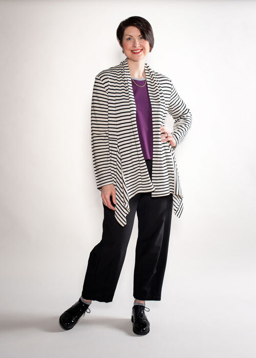 Ann's Cardigan in black and white striped knit and Tank in purple knit