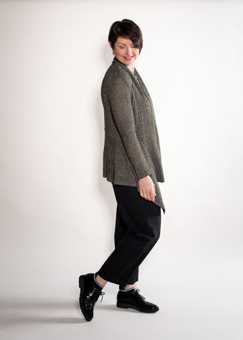 Ann's Cardigan in a gray sweater knit and Tank in a purple jersey knit