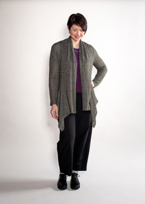 Ann's Cardigan in a gray sweater knit and Tank in a purple jersey knit
