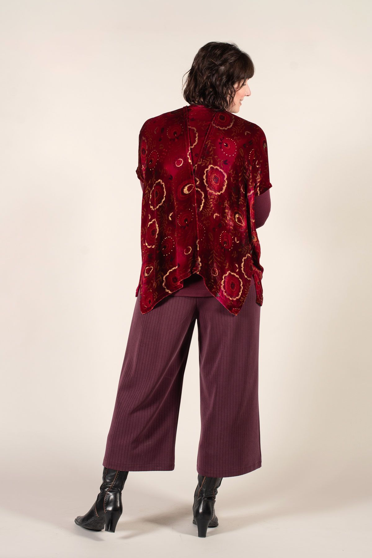 Back view of the Three Fold Vest made in velvet, paired with the West End Pants.