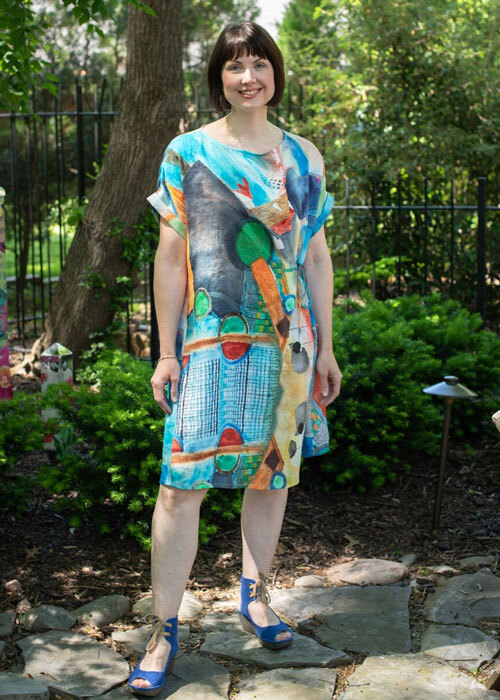 The Gardenia Dress made in a blue bold print Ramie Linen fabric. 