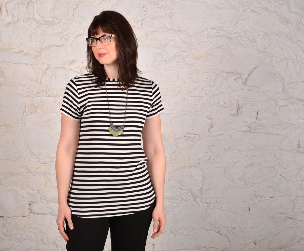 The eTee made in black and white striped jersey knit fabric. The eTee made in black and white striped jersey knit fabric.