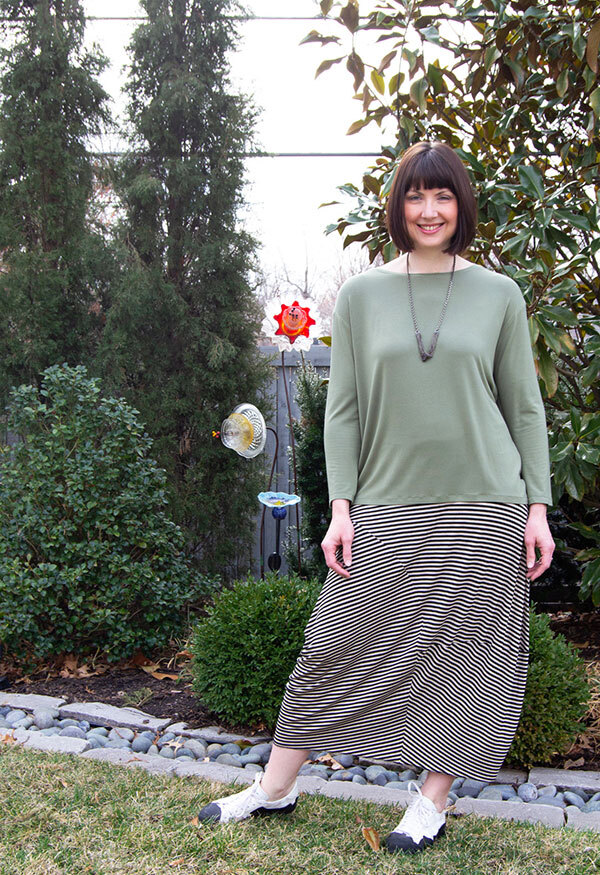 The Edgewater Skirt made in black and white striped jersey knit paired with the Crane St. Tee. 