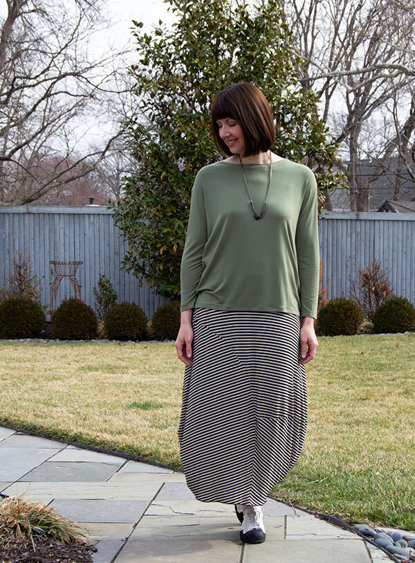 The Edgewater Skirt made in black and white striped jersey knit paired with the Crane St. Tee. 
