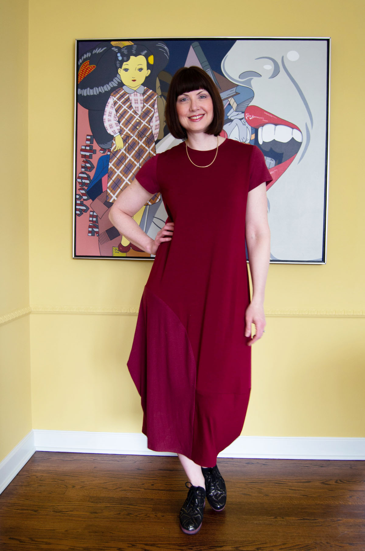 The Edgewater Dress made in a combination of  burgundy rib and jersey knit fabrics.