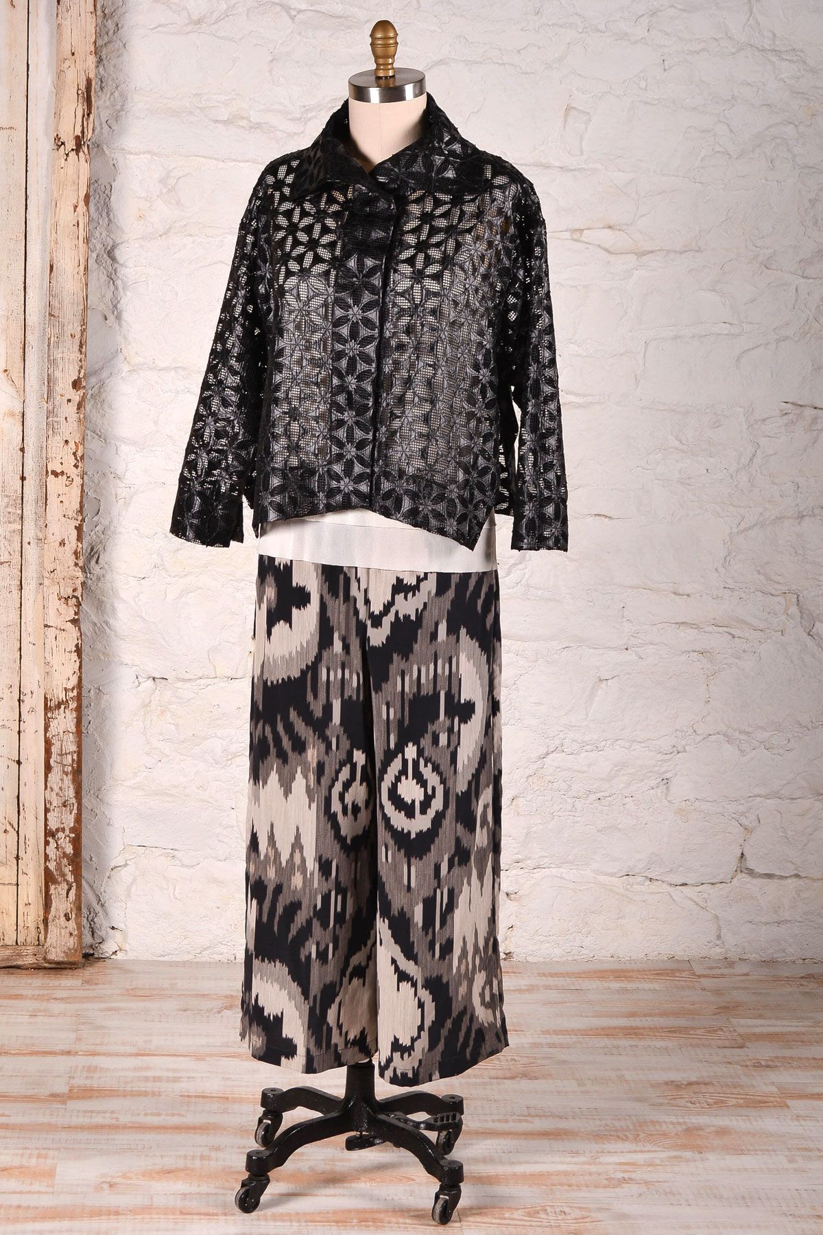 The Era Jacket made in a black vinyl "lace", paired with the West End Pants. 