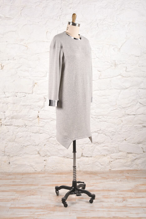 The Bristol Dress in gray knit with striped accents. The Bristol Dress in gray knit with striped accents.