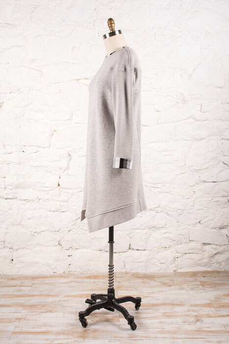 The Bristol Dress in gray knit with striped accents. The Bristol Dress in gray knit with striped accents.