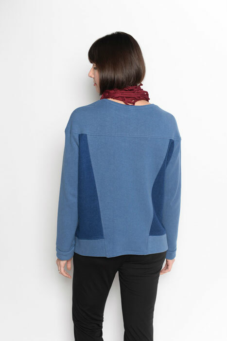 The Bristol Top made in fleece. The side bodice shows the fuzzy side of the fleece, the back shows the jersey knit side. The Bristol Top made in fleece. The side bodice shows the fuzzy side of the fleece, the back shows the jersey knit side.