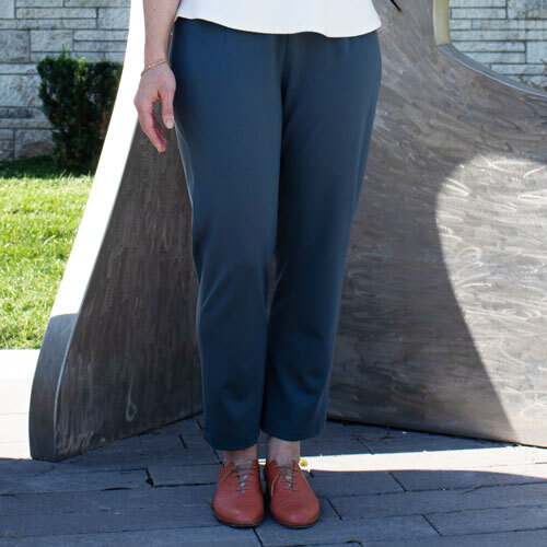 The Helix Pants made in blue medium-weight Ponte knit. The Helix Pants made in blue medium-weight Ponte knit.