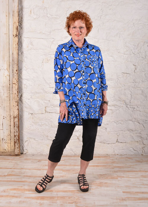 The Florence Shirt in blue, black and white print cotton fabric. 