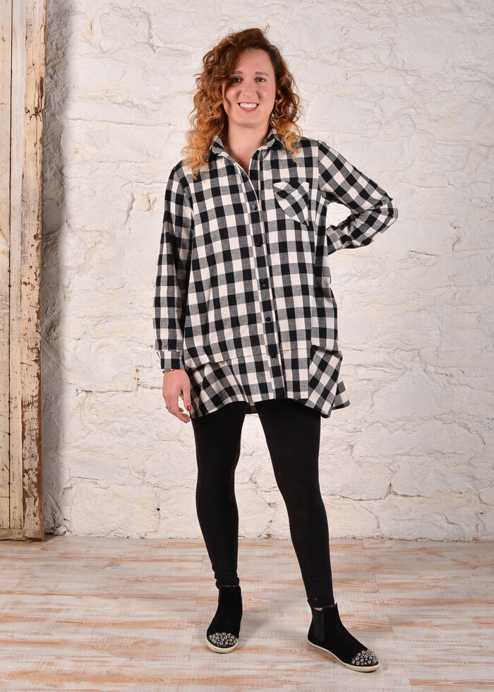 The Florence Shirt made in a black and white gingham check fabric. 