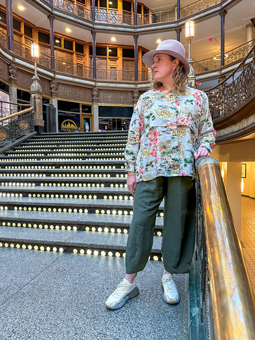 The Bamboo Top in floral rayon worn with the Trio Pants.