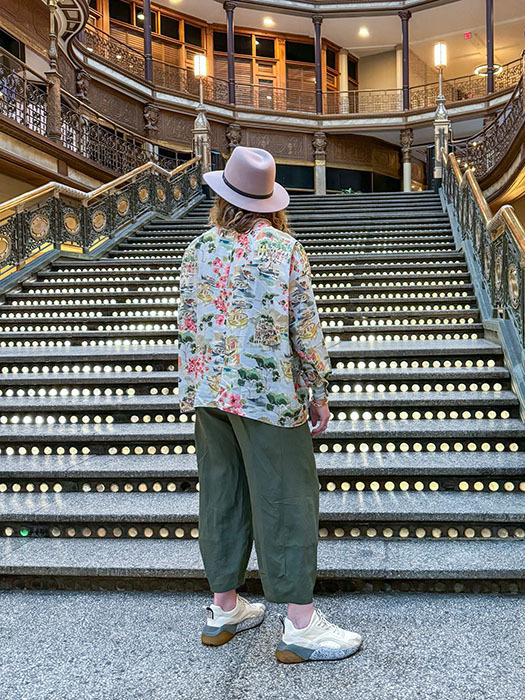 The Bamboo Top in floral rayon worn with the Trio Pants.