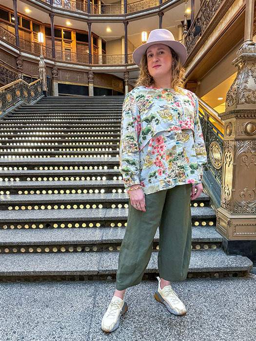 The Bamboo Top in floral rayon worn with the Trio Pants.