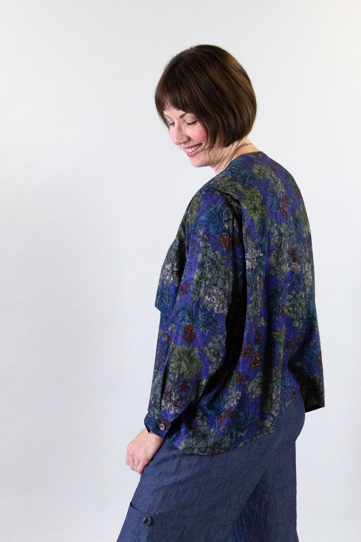 The Bamboo Top in floral rayon worn with the Trio Pants