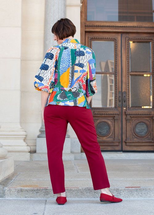 The Byrd Shirt in a bright rayon print worn with the Helix Pants. 