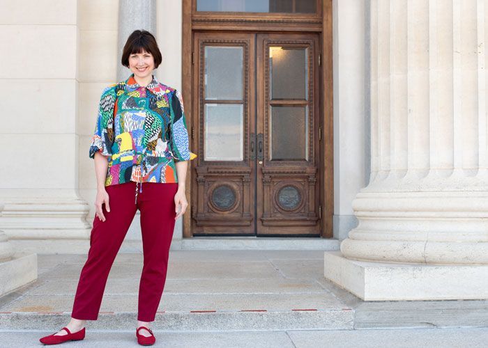 The Byrd Shirt in a bright rayon print worn with the Helix Pants. 