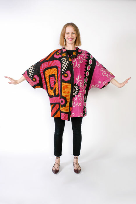 Chateau coat pattern made in pink Kantha cloth fabric.