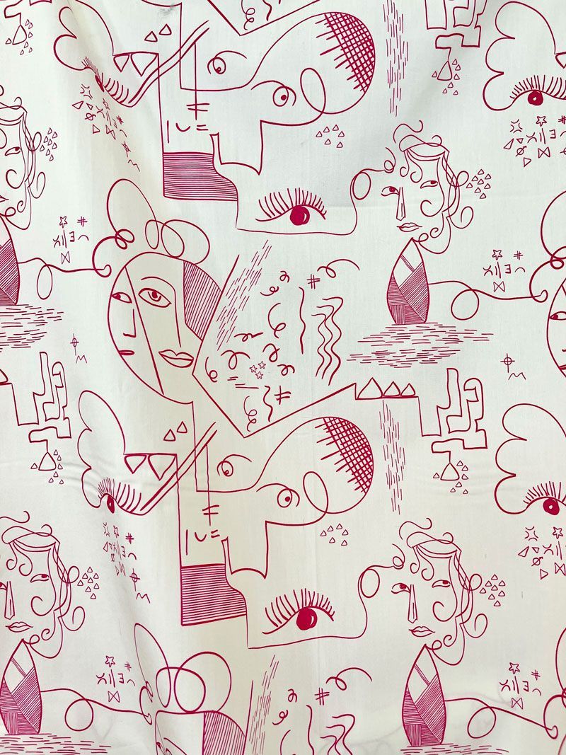 Cotton Print - Cubist Faces in Pink &amp; Ivory