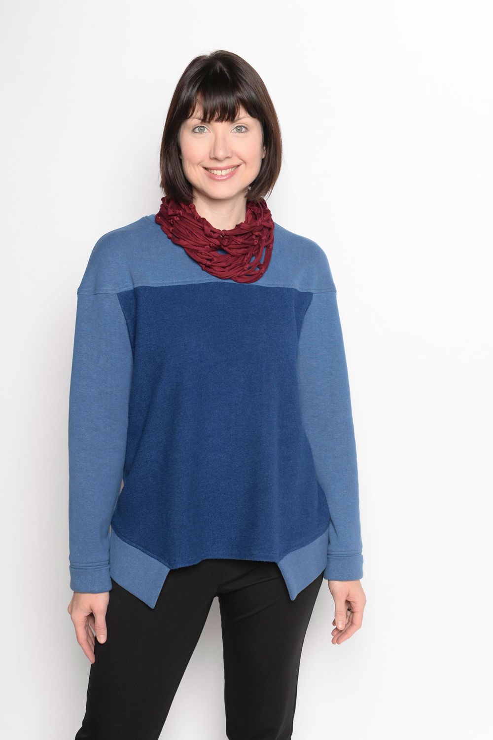 The Bristol Top made in fleece. The bodice shows the fuzzy side of the fleece, the sleeves and yoke show the jersey knit side