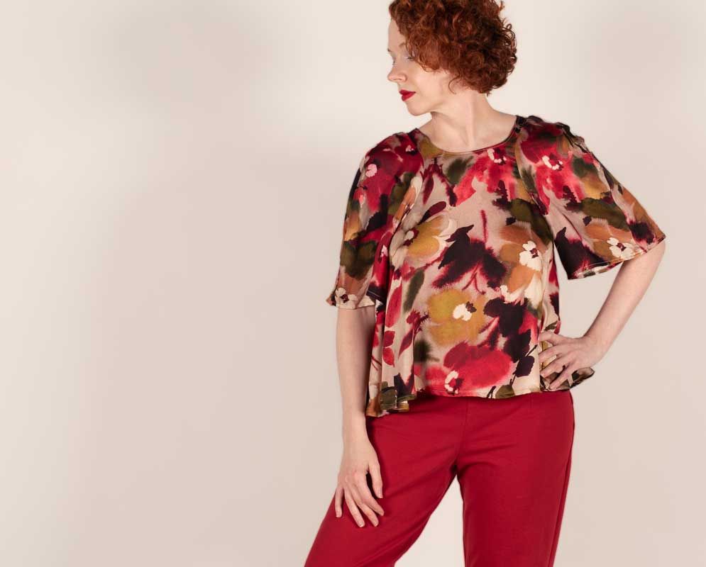 The Roma Top made in a sandwashed satin twill rayon fabric
