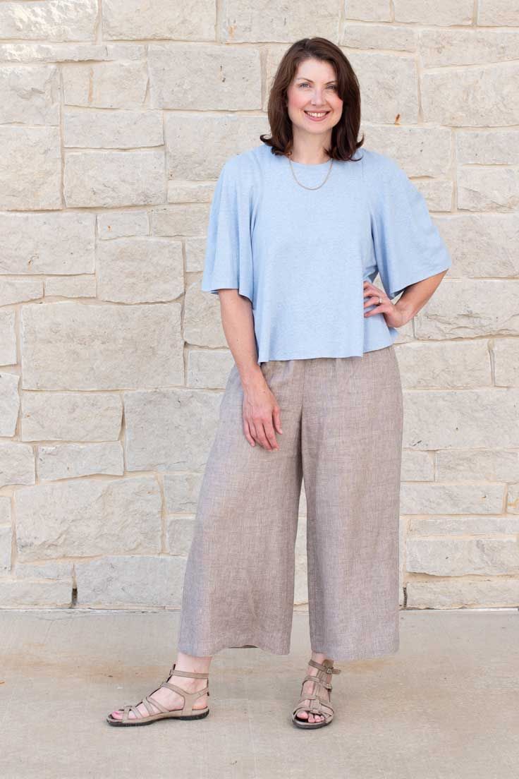 Roma Top made in a knit with linen West End Pants
