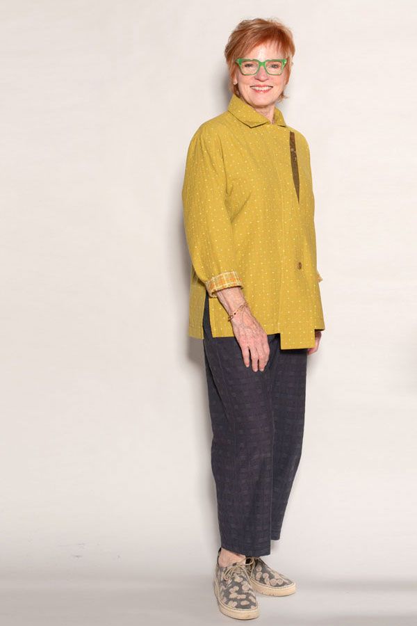 The Whistles Top in chartreuse cotton worn with the Picasso Pants. 