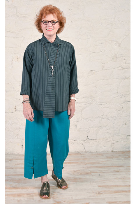 The Whistles Shirt in striped cotton worn with the Urban Pants. 