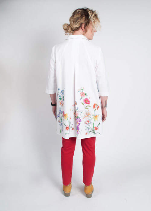 Back view of the Frankie Shirt made in a floral cotton border print fabric. 