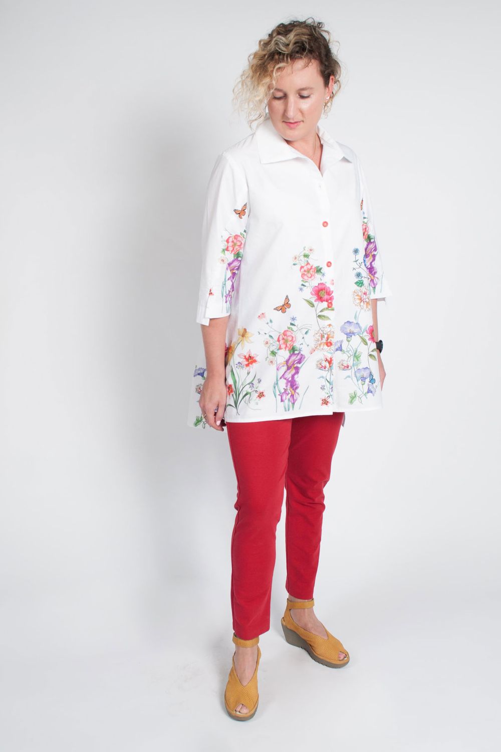 The Frankie Shirt made in a floral cotton border print fabric. 