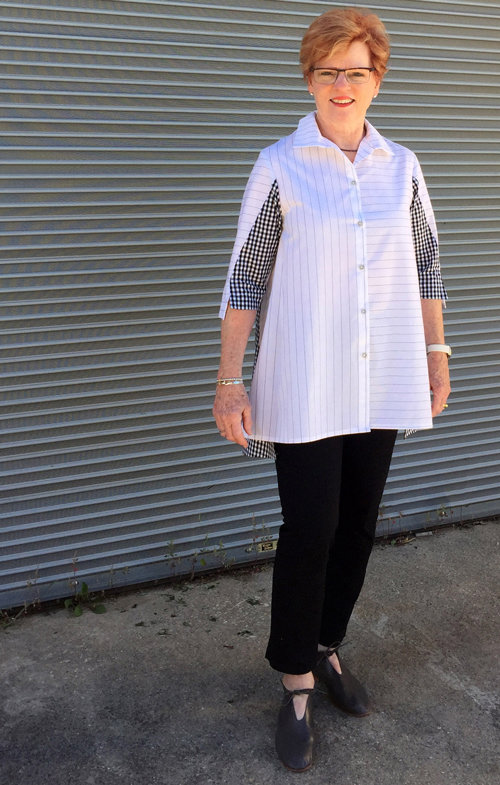 The Frankie shirt made in a pinstripe shirting cotton, mixed with a black and white gingham shirting cotton fabric. 