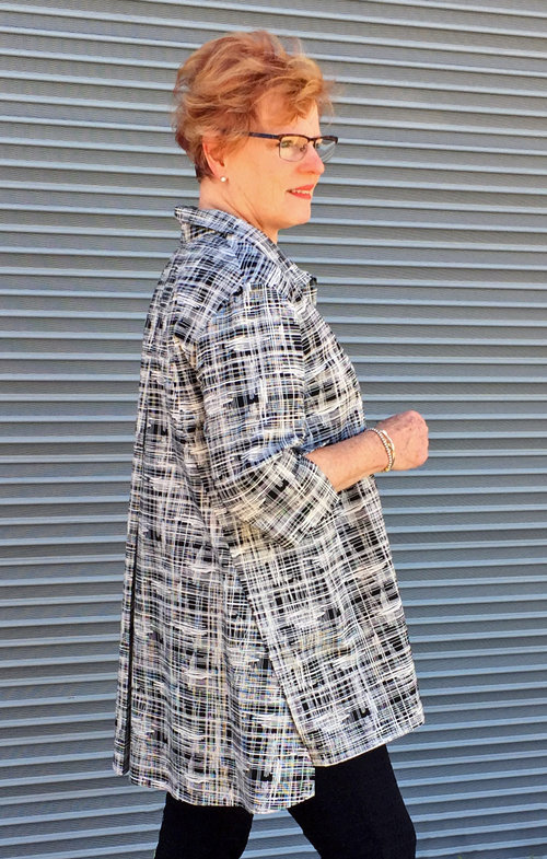 Side view of the Frankie Shirt made in a mid-weight cotton fabric.