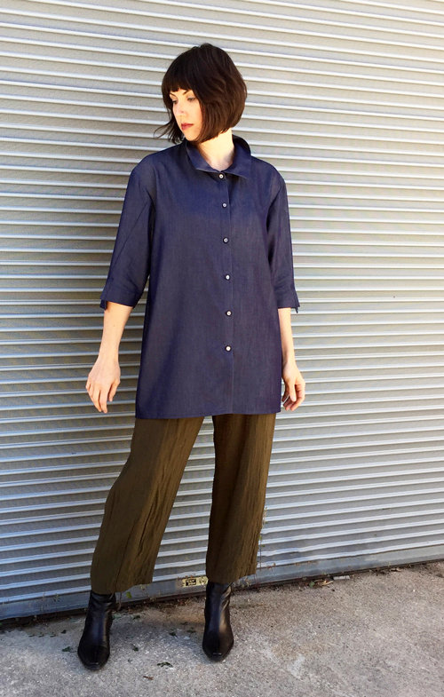 The Frankie Shirt made in a rayon/cotton chambray fabric. 