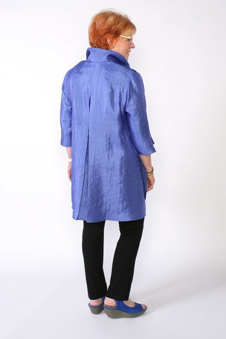 Back view of the Florence Shirt made in a shiny mid-weight blue silk fabric. 