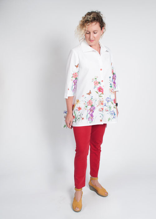 The Frankie Shirt made in a floral cotton border print fabric. 