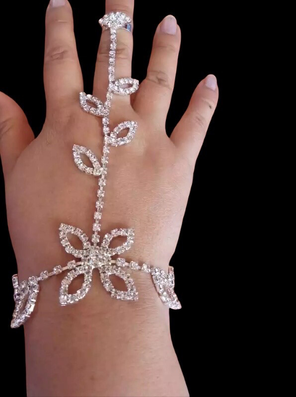Crystal Leaf Bracelet Hand Ring Jewelry