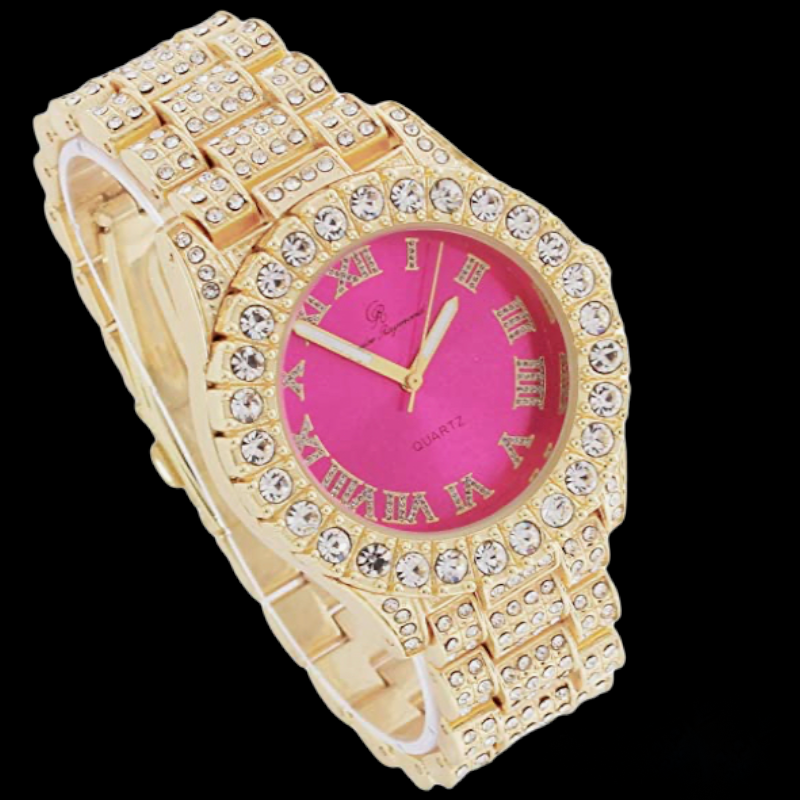 Hot pink and Gold Fully Iced Out Watch with Tennis Bracelet 