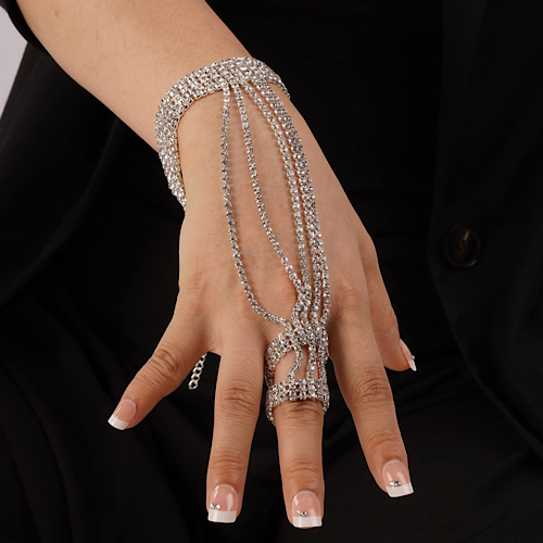 Rhinestone Chain Silver Hand Bracelet