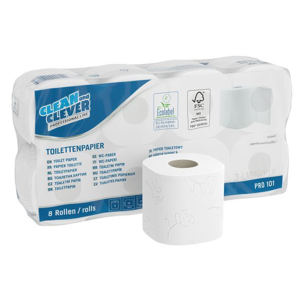 PRO101 Topa hochweiß 3lgCLEAN and CLEVER 8x8Rll à250Bl Toilettenpapier Zellstoff-Mix
