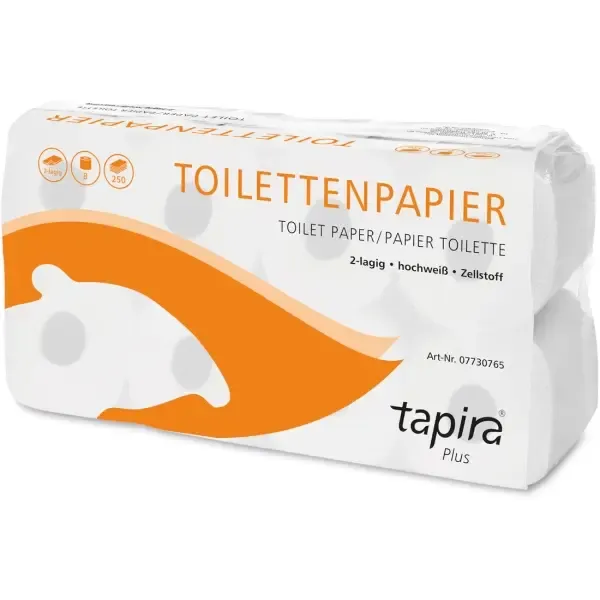 tapira Plus Toilettenpapier 2-lagig, hochweiß, Zellstoff, 250 Blatt 1 Pack = 64 Rollen Kombiniert angenehme Weichheit, gute Saugqualität und starke Festigkeit.