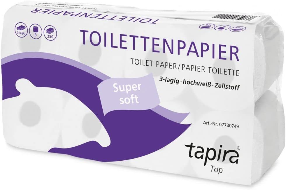 TAPIRA top Toilettenpapier, 3lg, 9,4x11cm, 250 Bl., hochweiß, Zellstoff, 8x8 Ro/VE