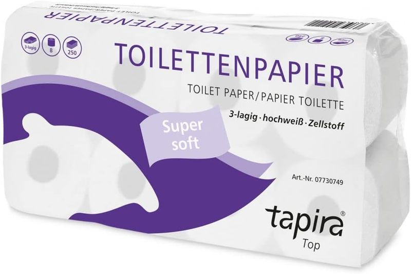 TAPIRA top Toilettenpapier, 3lg, 9,4x11cm, 250 Bl., hochweiß, Zellstoff, 8x8 Ro/VE