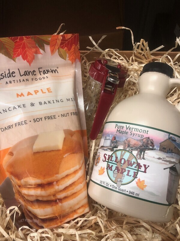 maple pancake mix with 32 oz bottle of maple syrup in a gift box
