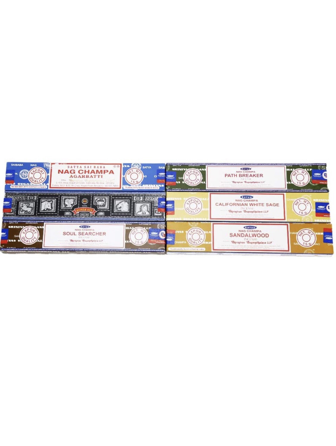 Satya - Set of 6 - Nag Champa, Super Hit,Path Breaker,Soul Searcher, Sandalwood, Californian White Sage 15 Grams