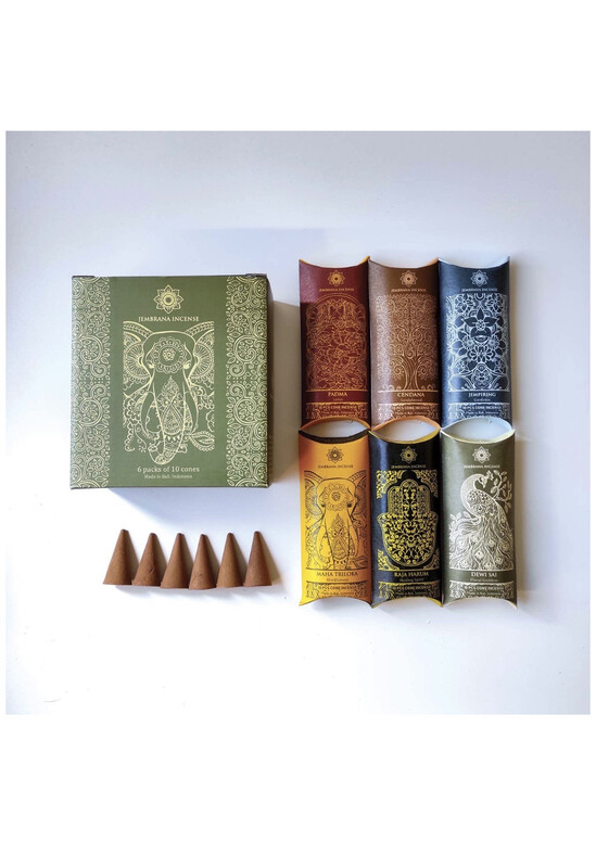 Jembrana Incense Cones- Mix 6 Scents (60 Cones Total), 10 Cones Each of Lotus (Padma), Sandalwood, Gardenia, Maha Triloka, Raja Harum &amp; Dewi Sai (Amber)