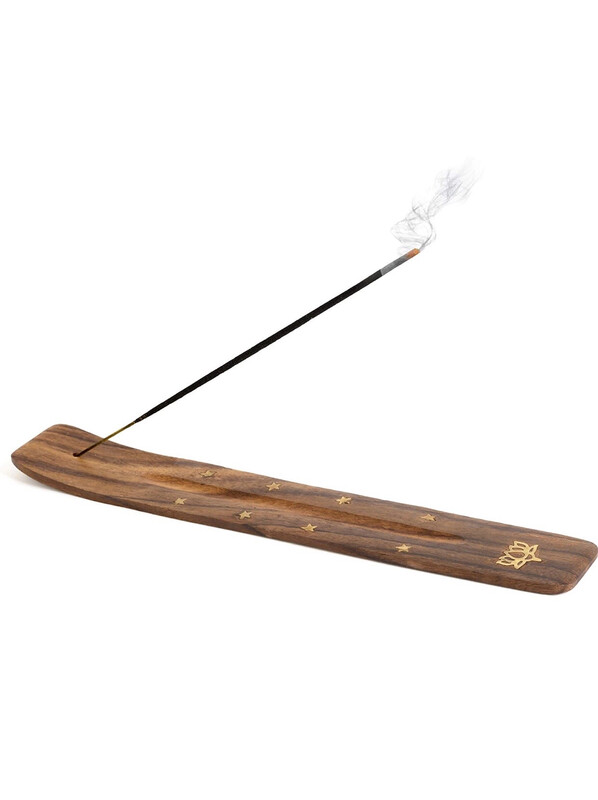 Wooden Incense Holder for Sticks with Inlays of Brass Lotus Flower 10 inches Long